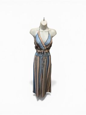Venus Boho Striped Cropped Jumpsuit L/14 Halter Style Smocked Tassels Wide Leg